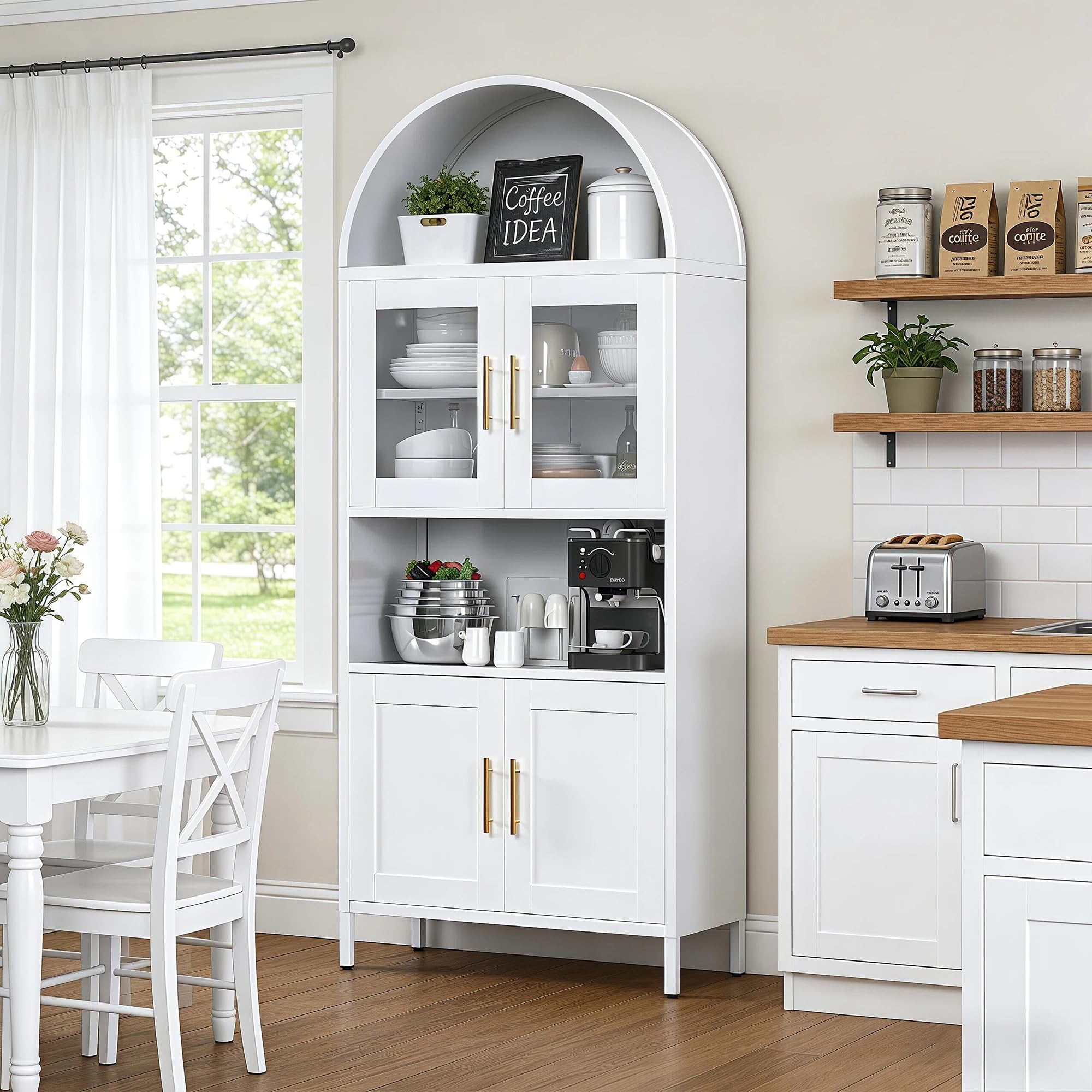 73inch Tall Arched Kitchen Pantry Cabinet With Doors, Metal Arched Hutch Cabinet For Kitchen, Dining Room, Living Room, Assembly Required, White