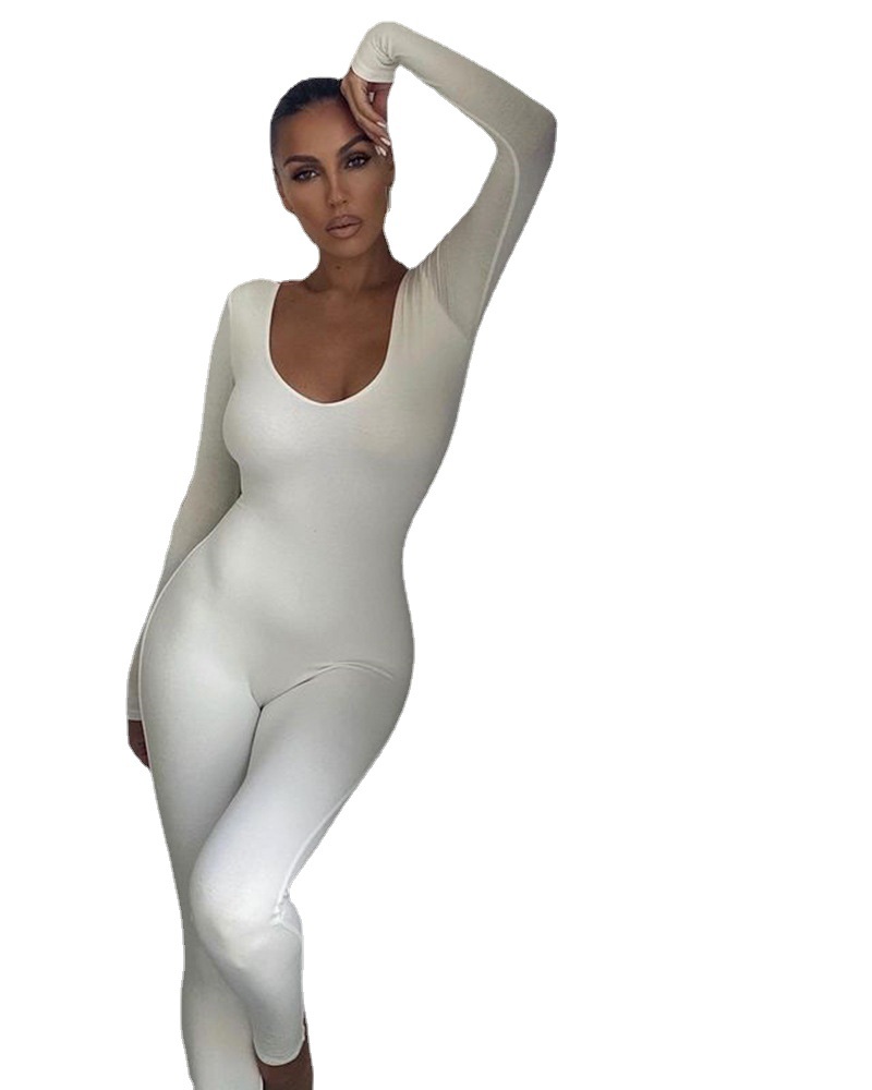 New Sexy Back Solid Color Long sleeved Trousers Yoga Fitness One piece White - Shop at LoveMi