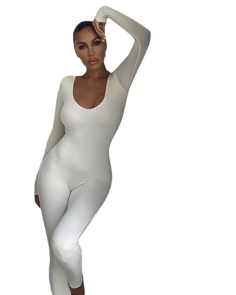 New Sexy Back Solid Color Long-sleeved Trousers Yoga Fitness One-piece - White