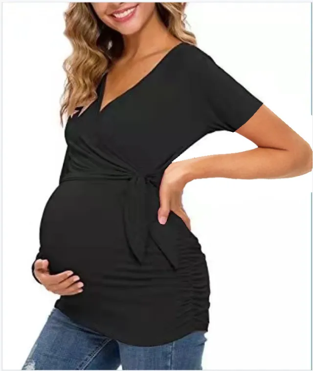 Cross V Neck Breastfeeding T Shirt Maternity Top Black - Shop at LoveMi