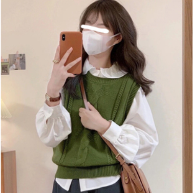Vintage Green Crewneck Twist Shirt With Knit Women's Vest Folded Wear