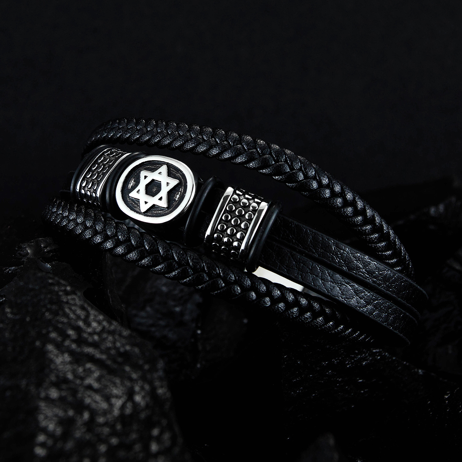 Six Star Titanium Steel Leather Bracelet