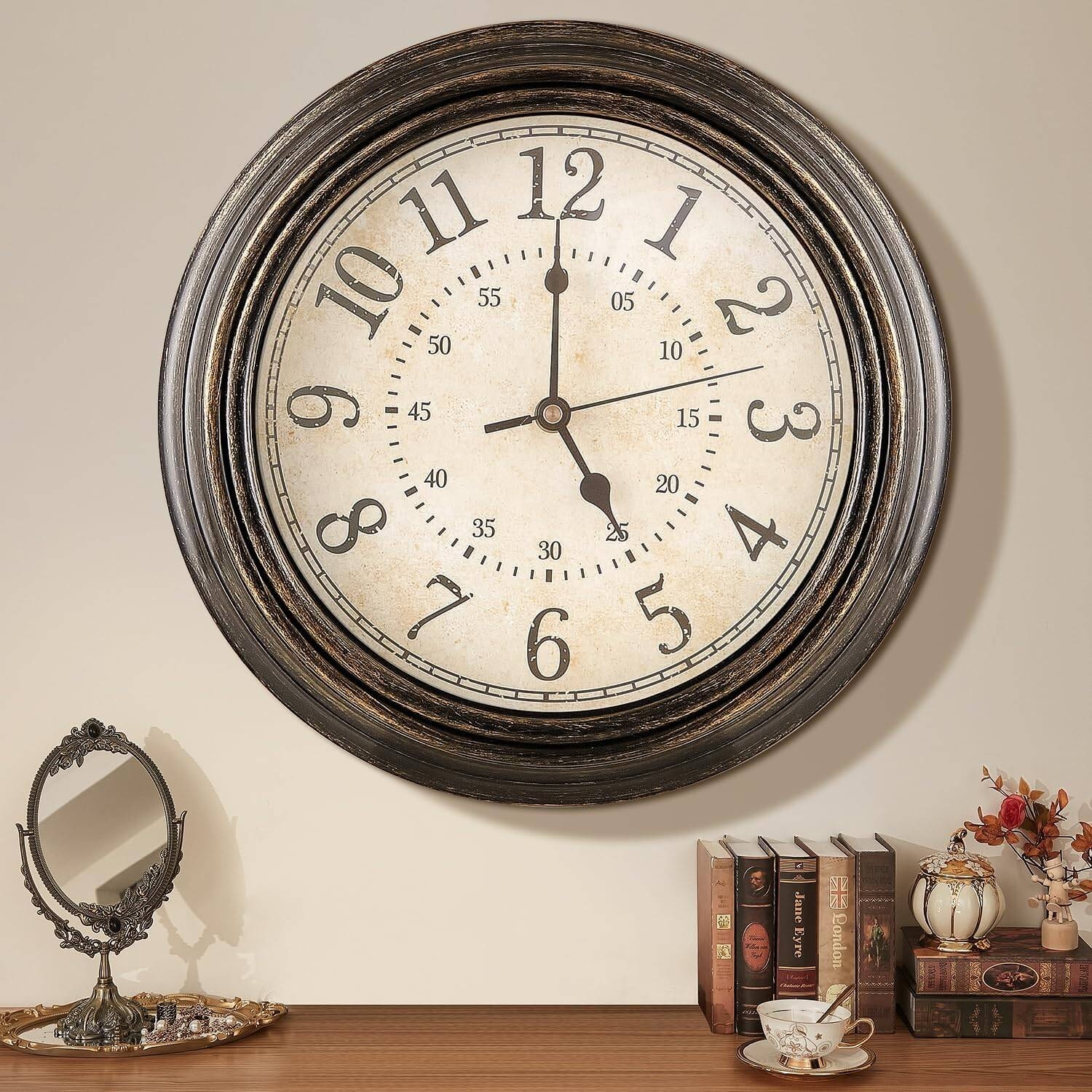 Wall Clock With Truly Silent Movement & Glass Lens  12 Inch Vintage Wall Clocks For Living Room  Easy To Read Large Numbers  Non-Ticking Clocks For Living Room & Bedroom  Easy Hang Design With