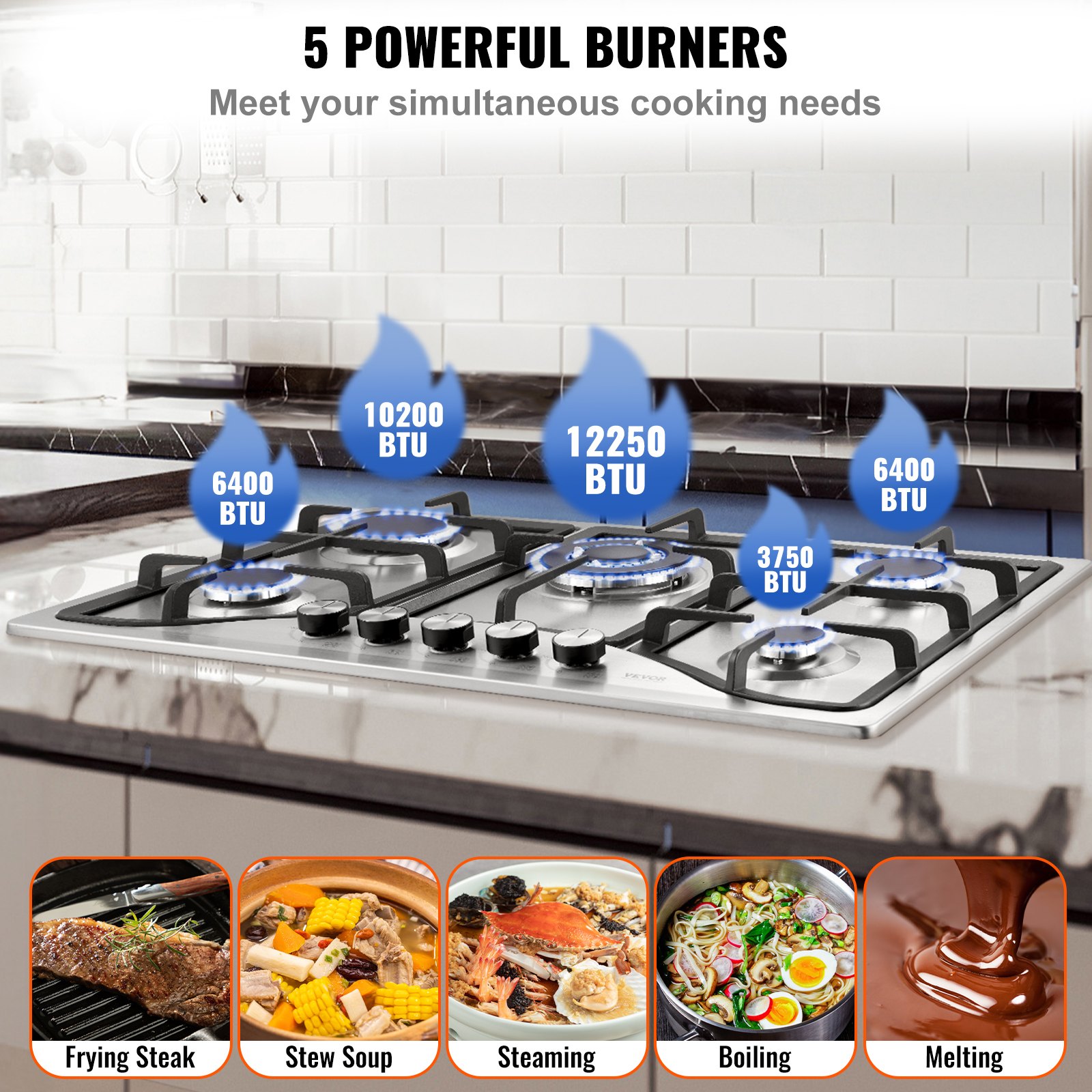 Gas Cooktop 30 Inch, Max 12250BTU 5 Burners Built-in Stainless Steel Gas Stove Top, LPG NG Convertible Dual Fuel Natural Gas Hob With Thermocouple Protection image 3