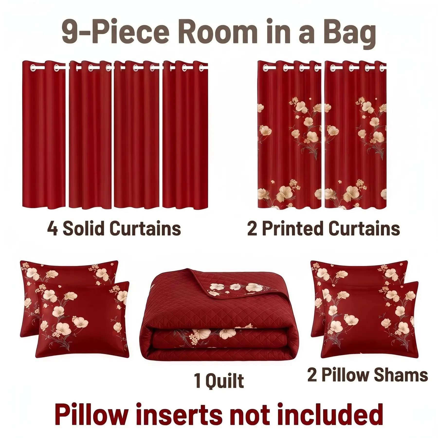 9-Piece Red Floral Quilt and Curtain Set
