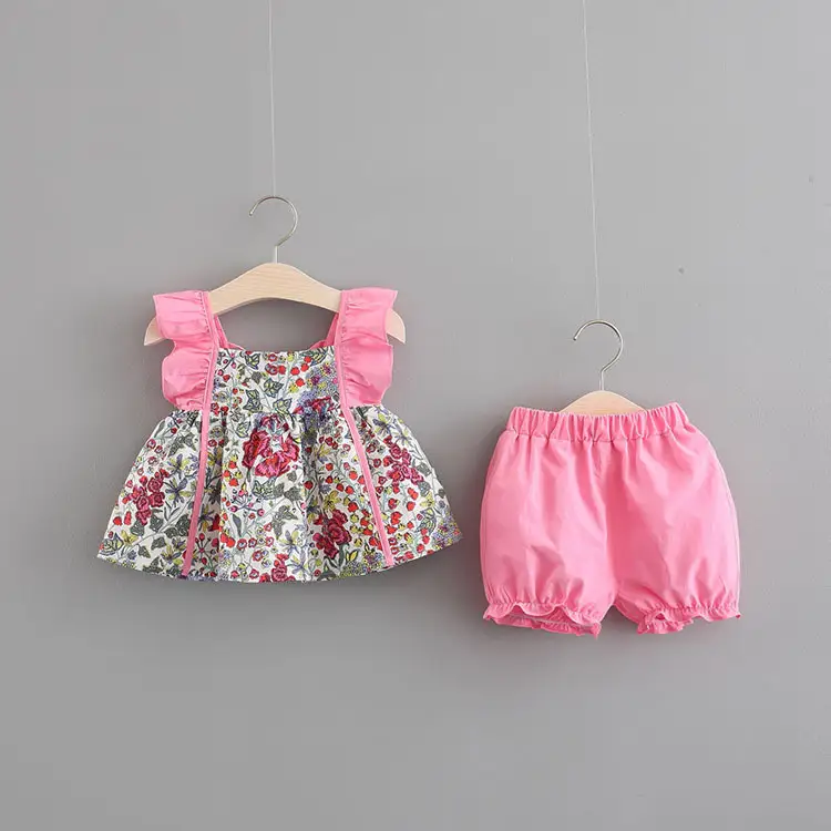 New Girls' Summer Printed Flounced Sleeve Suit Vest Shorts Two-piece Set