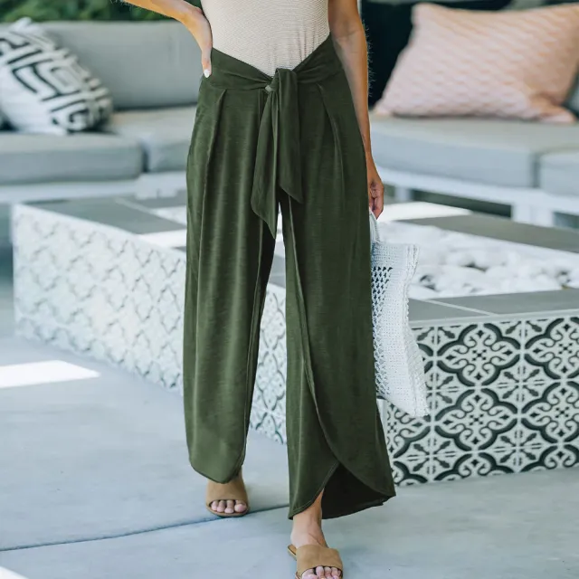 Women's Casual Loose Knit Belt Tie Casual Knitted Trousers Green - Shop at LoveMi