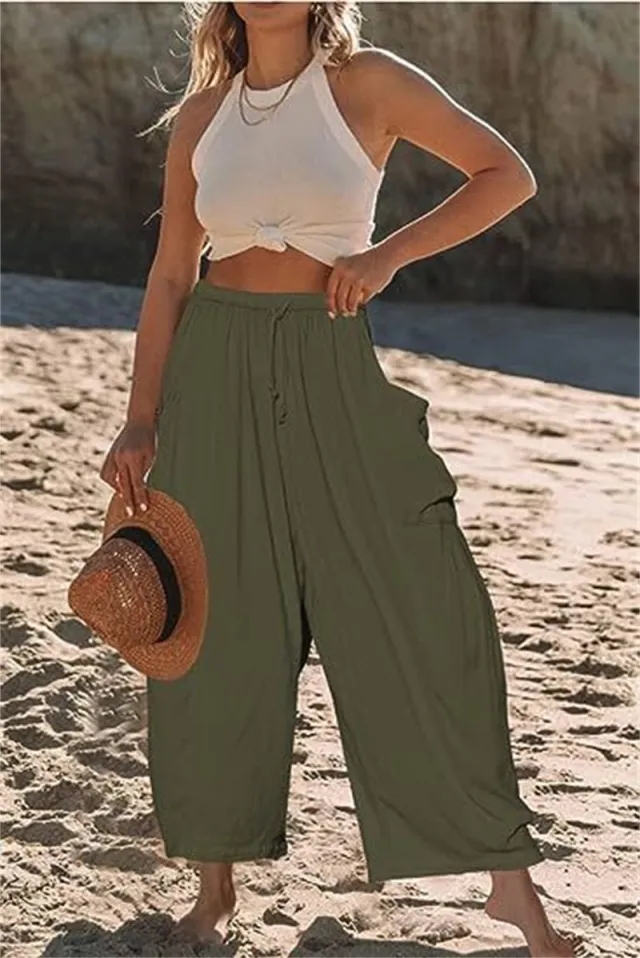 Fashion Wide Leg Pants Summer Loose Elastic High Waist Pleated Trousers Solid Color Womens Clothing Army Green - Shop at LoveMi