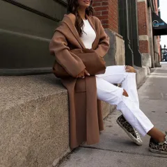 Casual Fashion Long Sleeve Mid Length Coat - Brown - View 1