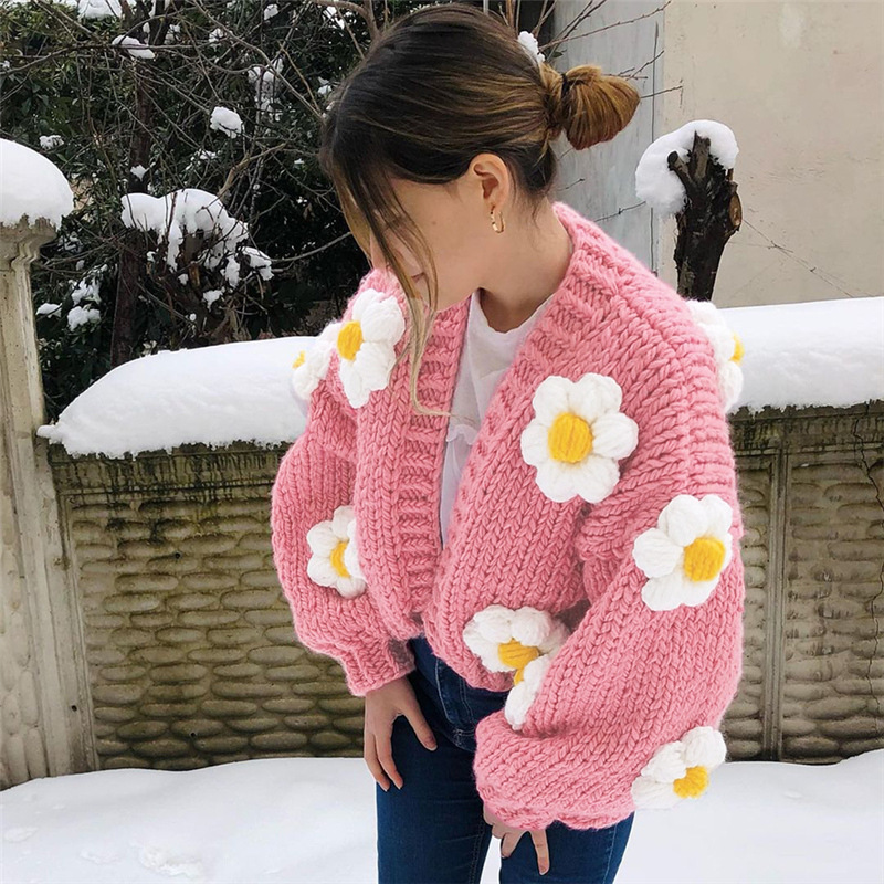 Round Neck Lantern Sleeve Knitted Cardigan Sweater