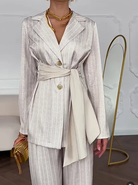 Striped Waist tie Blazer & Pants Set Blazer - Shop at LoveMi