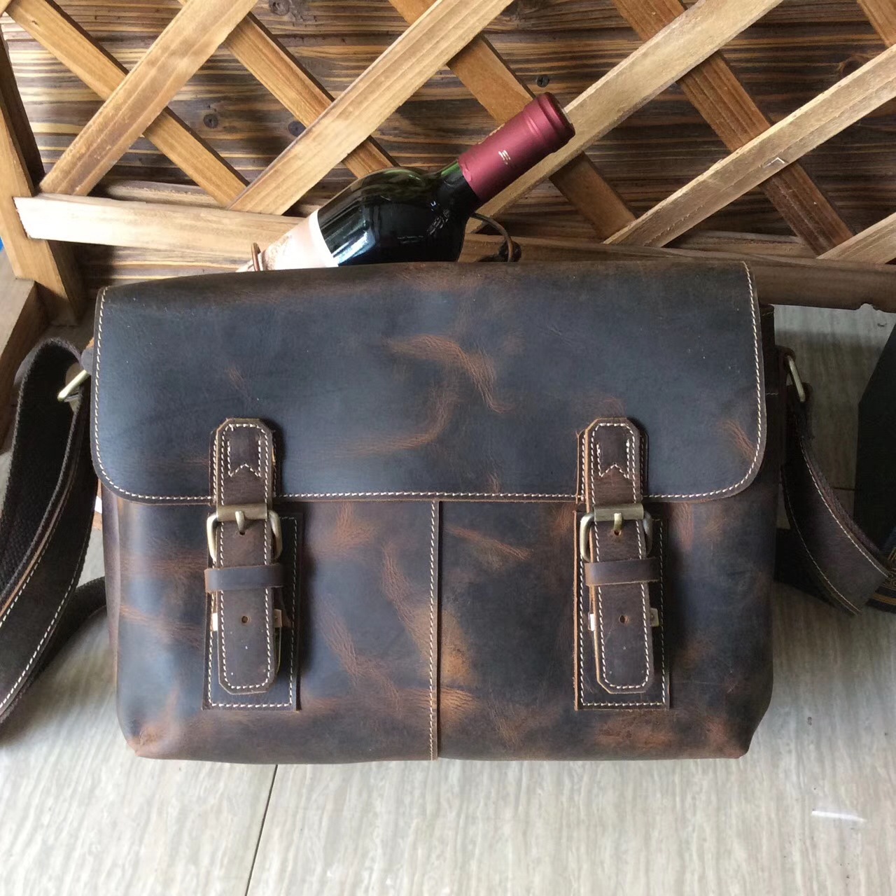 Men's Crazy Horse Leather Top Layer Cowhide Messenger Bag Brown - Shop at LoveMi