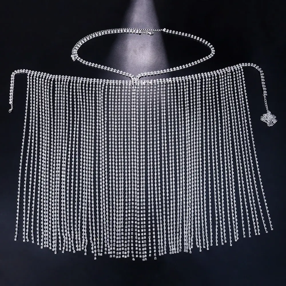 Fashion Exaggerated Long Fringed Skirt With Shiny Rhinestones