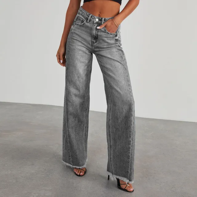 Fashion High Waist Jeans With Pockets Comfortable Slim Fit Straight Wide leg Pants Womens Clothing Grey - Shop at LoveMi