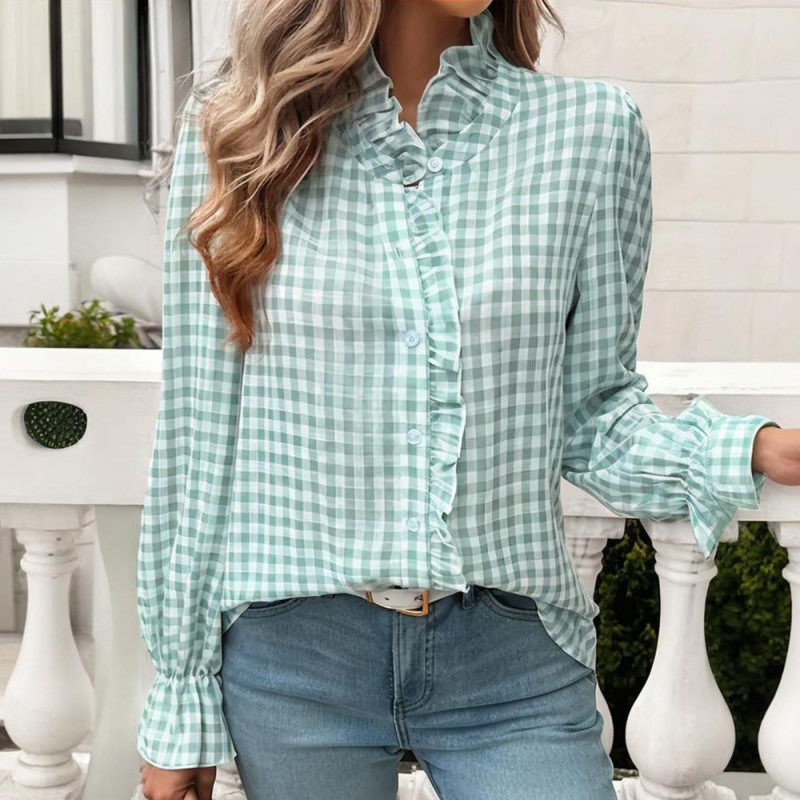 Women's French Style Checkered Button Up Shirt Elegant Plaid Pattern, Stand Collar With Ruffled Cuffs, Comfortable Wear Light Green - Shop at LoveMi