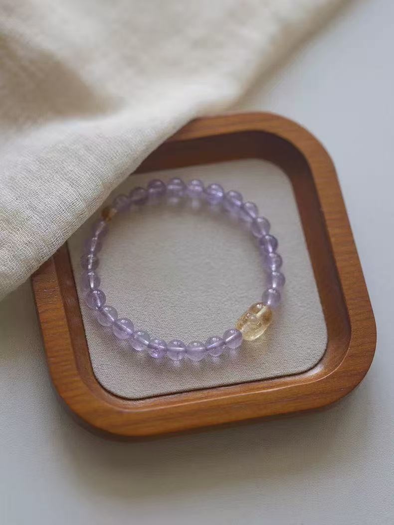 Natural Lavender Amethyst  Citrine Bracelet Two Tone Beaded Chain Energy Jewelry For Women