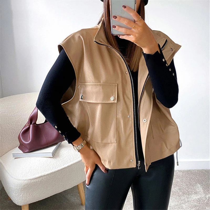 Sleeveless PU Leather Jacket Loose Waistcoat Women's