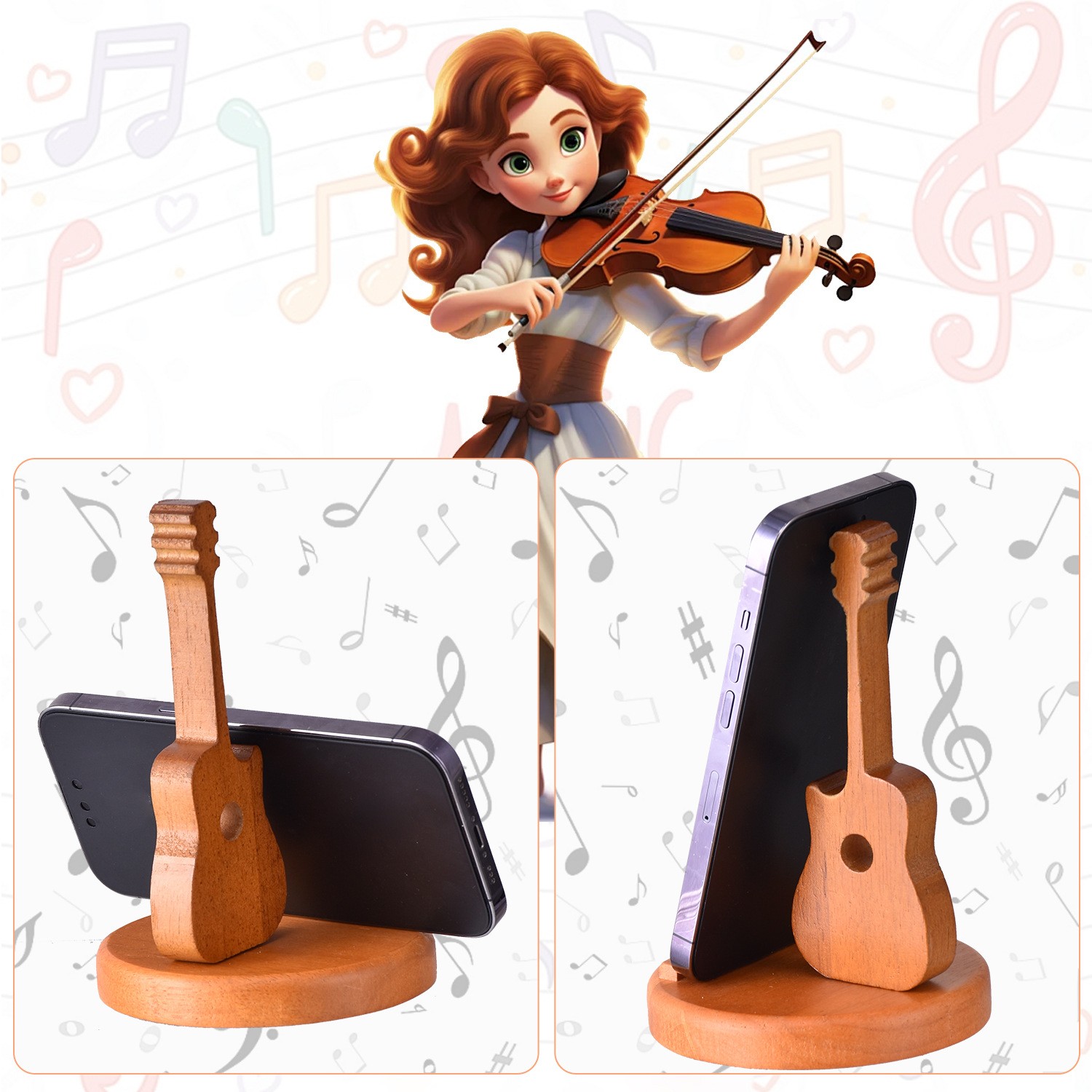 Suport de telefon în formă de chitară din lemn, suport drăguț pentru telefoane mobile Ukulele, suport creativ pentru smartphone pentru birou, cadou pentru