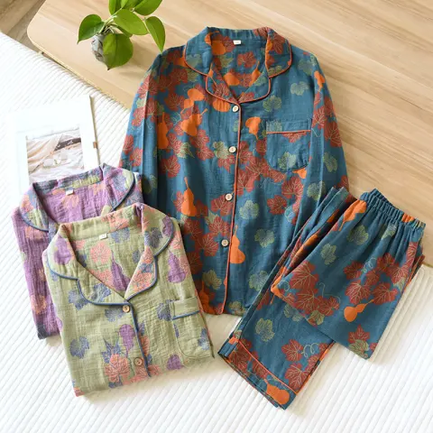Thin Cotton Gauze Yarn-dyed Jacquard Pajamas Suit for Women