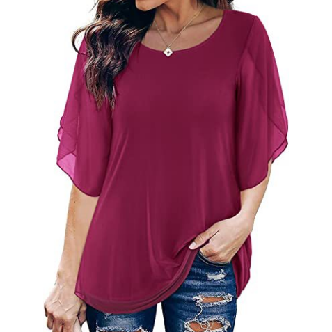 Pleated 34 Sleeve Chiffon Loose Flowy Top