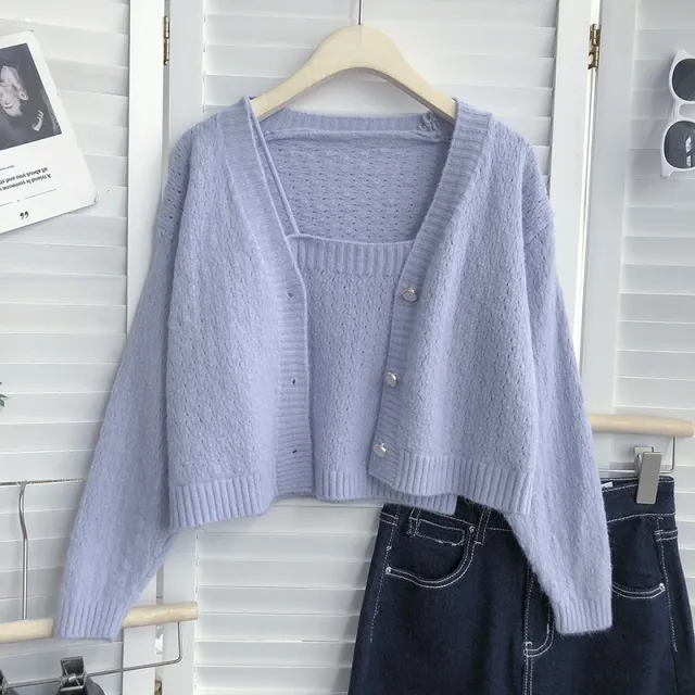 Loose Single breasted V neck Long sleeved Knit Cardigan Is Thinner With A Short Two piece Vest Blue - Shop at LoveMi