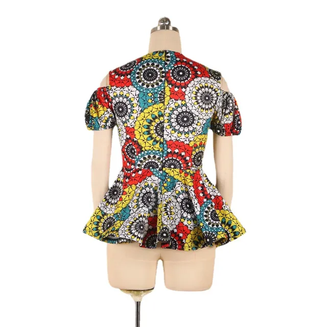 Round Neck Cutout Short Sleeve High Waist Ruffle Digital Print Shirt As Shown - Shop at LoveMi