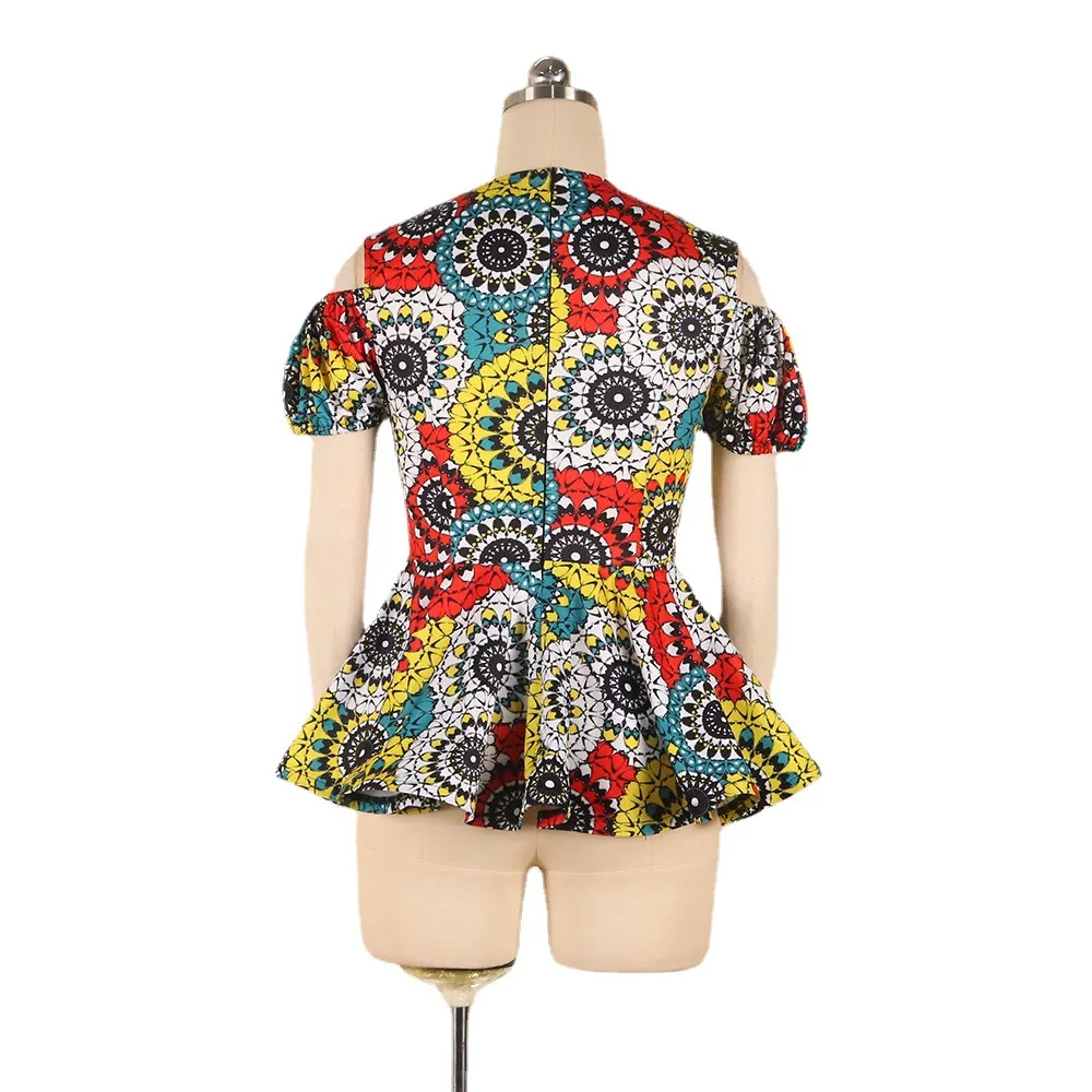 Round Neck Cutout Short Sleeve High Waist Ruffle Digital Print Shirt - As Shown