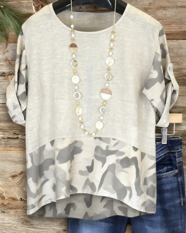 Women's Leopard Print Loose Rolled Sleeve Mid-Length Top