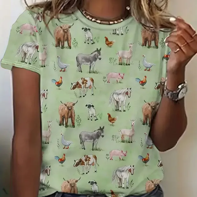 Women's Round Neck All Over Animal Print Short Sleeve Tee Cute Summer Casual Top Green - Shop at LoveMi