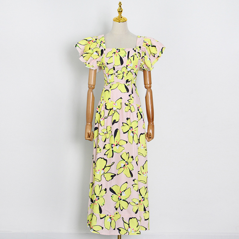 Printed Skirt Set, Square Neck Ruffle Sleeve Short Top  High Waist Drape And Large Hem Long Skirt