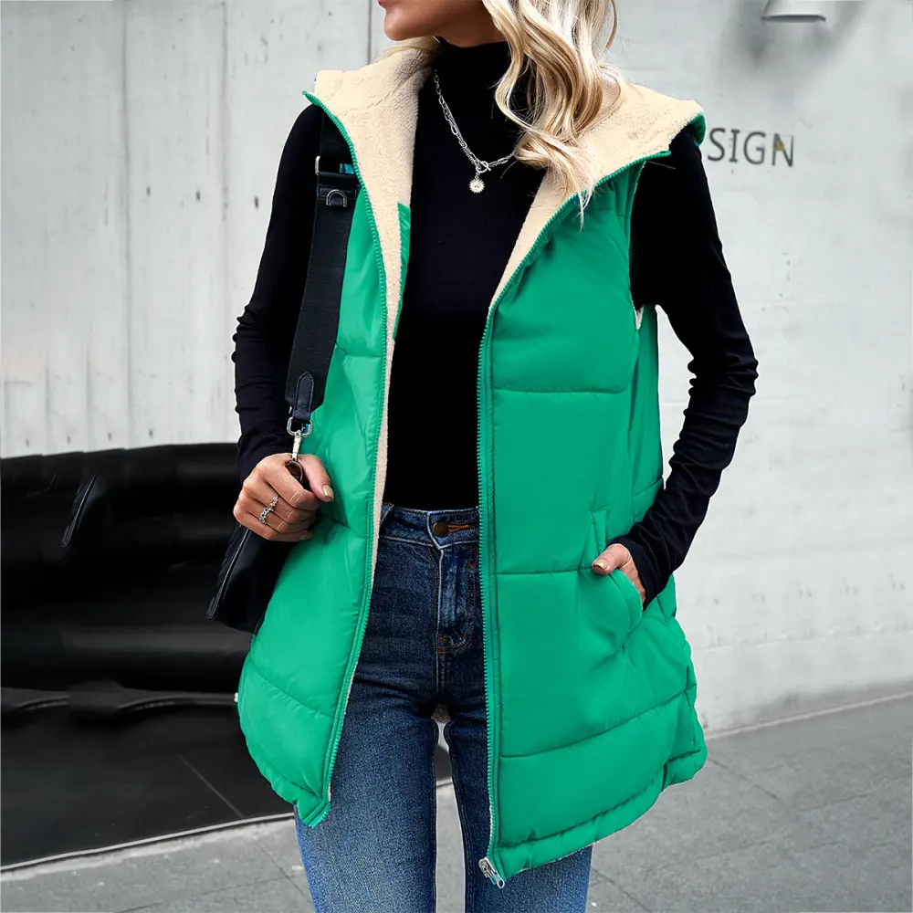 Winter Vest Women Loose Commuting Mid-length Hooded Cotton Jacket