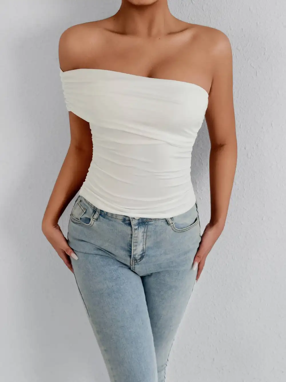 One Shoulder Off Tube Top Slim Fit Top