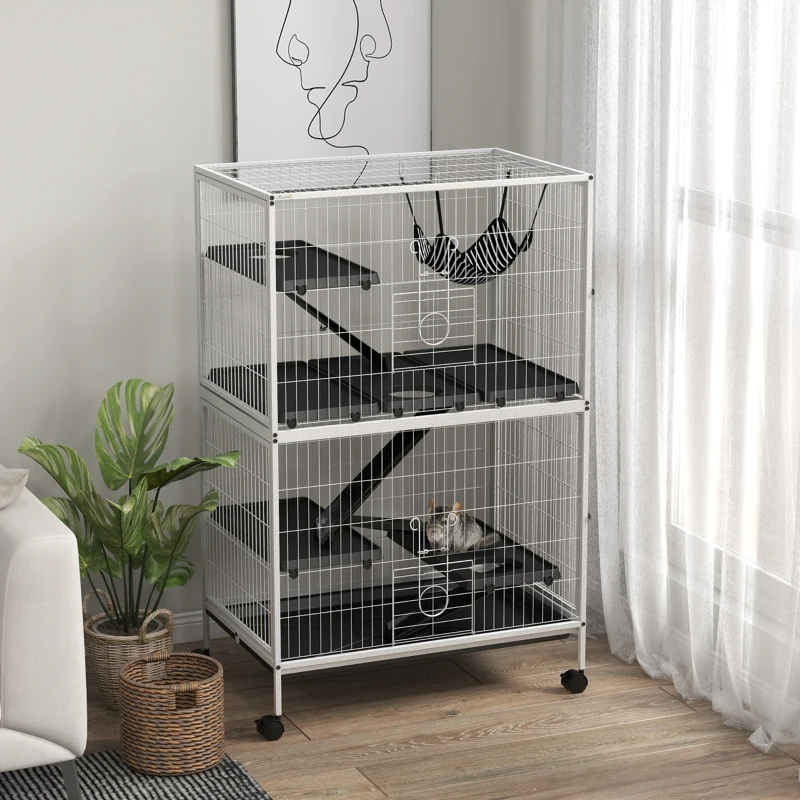 Rolling Small Animal Cage With Hammock, Ferret Cage, Chinchilla Cage, Pet Habitat, WIth 4 Doors, Removable Tray