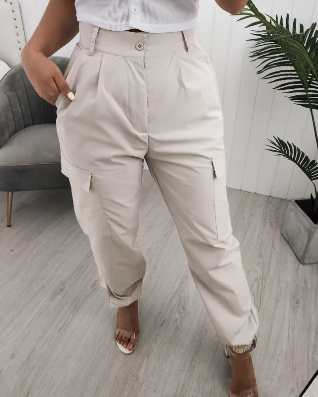 Women's Solid Color Slim Fit Cargo Pants Apricot - Shop at LoveMi