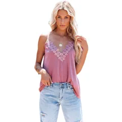 European And American Women's Casual Sleeveless Tops Solid Color V-neck Lace Loose Sling Vest - Pink - View 1