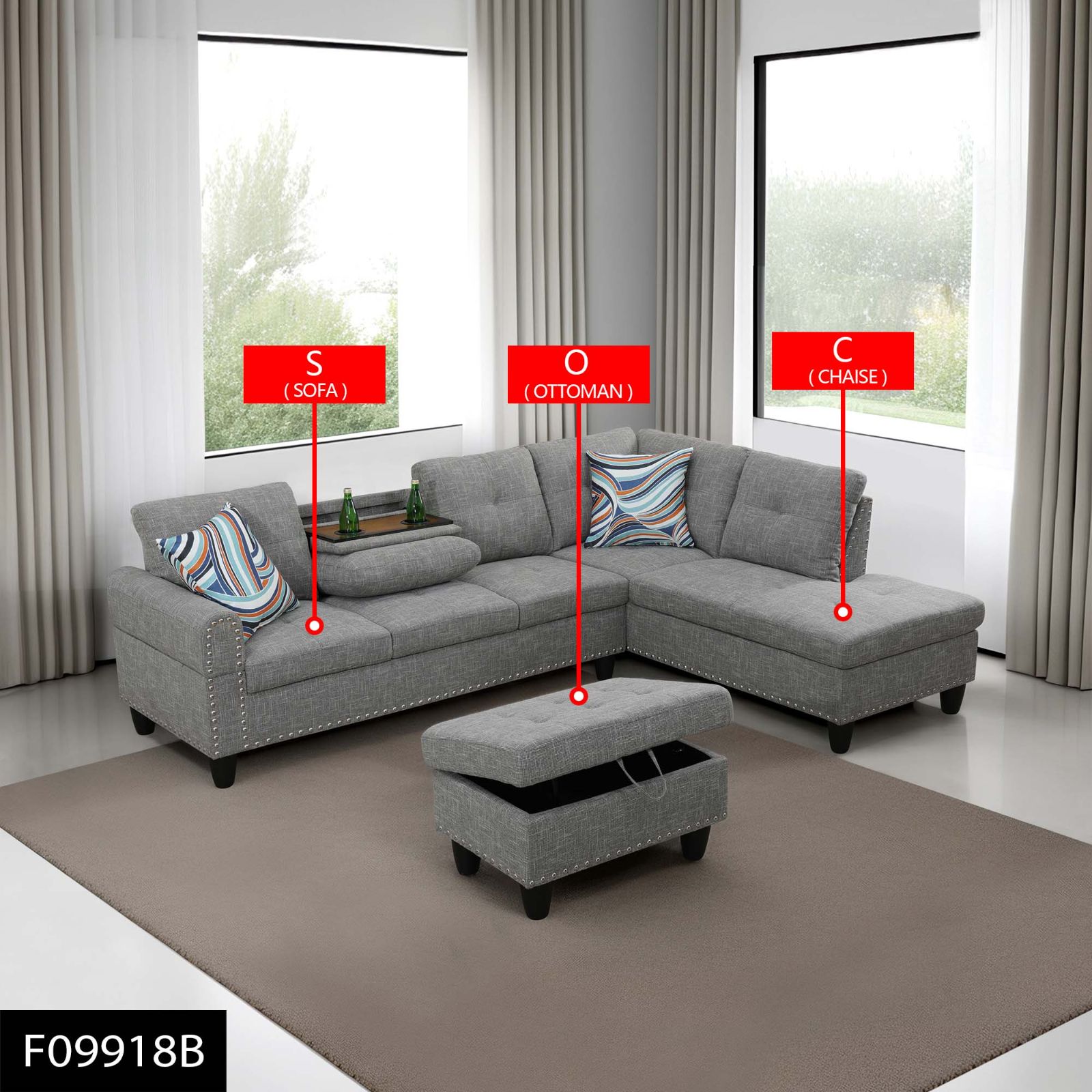 Pickup Only--Brown Grey Linen 3-Piece Sofa Set Living Room Sofa