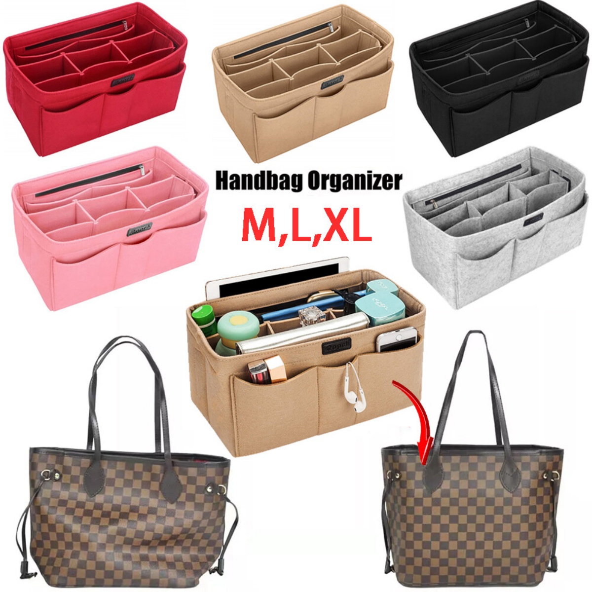 Women Organizer Handbag Felt Travel Bag Insert Liner Purse Organiser Pouch M-XL — image 10