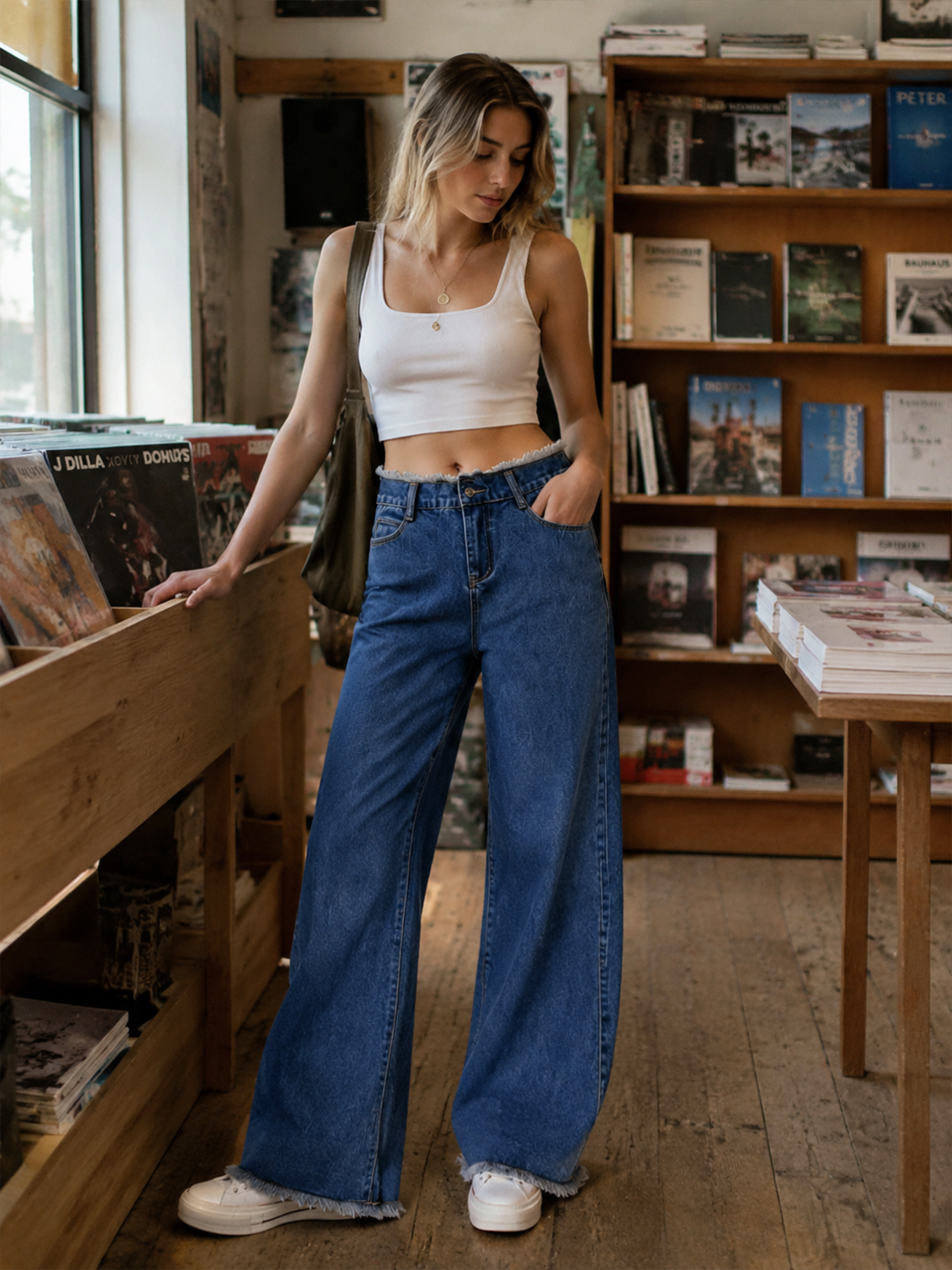 New Women's High-quality Low-rise Frayed Hem Loose Straight Leg Denim Wide-leg Pants, Fashionable And Versatile, Suitable For All Seasons. — foto 5
