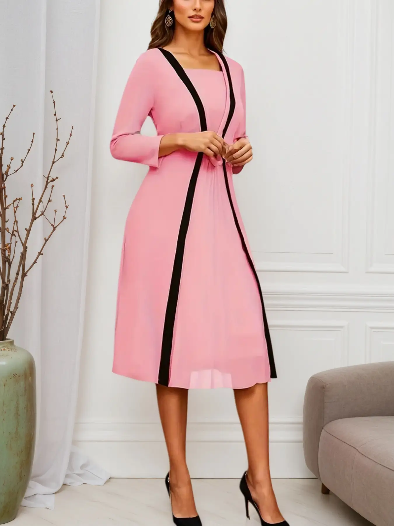 2025 Women's New Dress, Color Blocked Artificial Double Tube Dress, Seven Sleeve Layered Dress, Elegant And Casual Style, Fashionable And Beautiful, Women's Clo