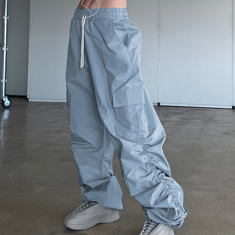 Title 2, Grey Blue Pleated Drawstring Casual Pants For W...