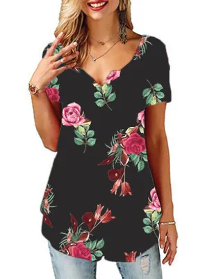 Printed V neck T shirt Cross border European And American Women's Short Sleeves 869Black - Shop at LoveMi