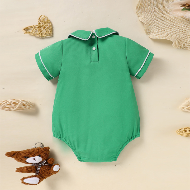 Baby Green Lapel Short Sleeve Romper Clover Print Button Detail Playsuit With Snap Closure