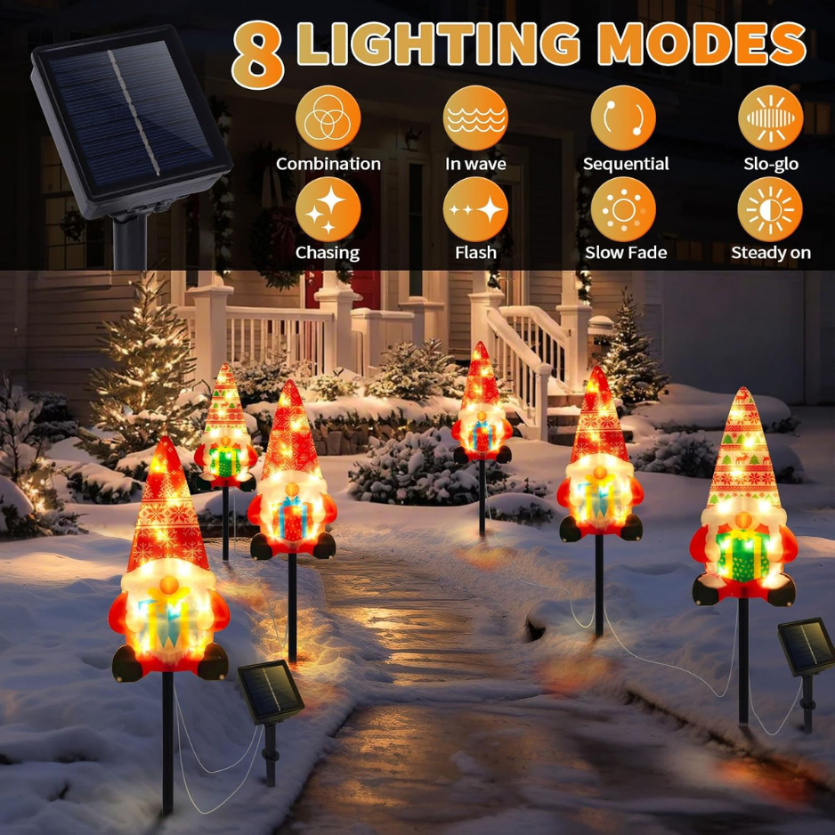 Set Of 3 Solar Christmas Decorations, 8 Modes Solar Pathway Stakes Lights, Outdoor Christmas Gnome Lights Decor For Garden