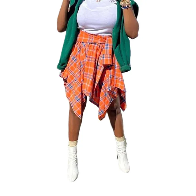 Women's Fashion Irregular Plaid Tie Sleeve Fake Shirt Skirt Orange - Shop at LoveMi