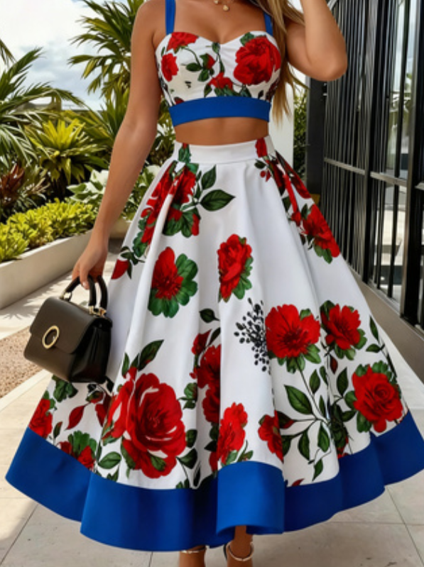 Retro Red Rose Print Strapless Two-piece Set, High-waisted Flared Skirt, Women's Suspender Short Top Set