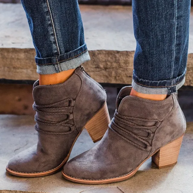 Retro V Cutout Shoes Women Chunky Ankle Boots Grey - Shop at LoveMi