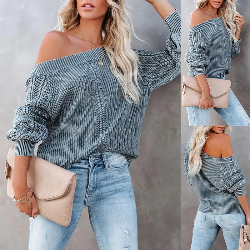 Solid Color Loose V-neck Lantern Sleeve Long Sweater