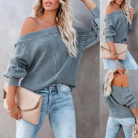 Solid Color Loose V-neck Lantern Sleeve Long Sweater