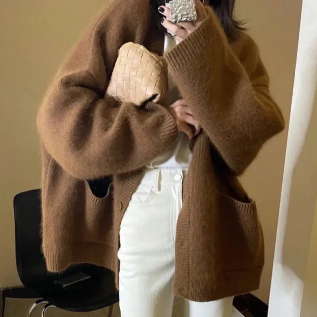 V neck Single Breasted Loose Large Pocket Knitted Cardigan Sweater Coat For Women Caramel Color L - Shop at LoveMi