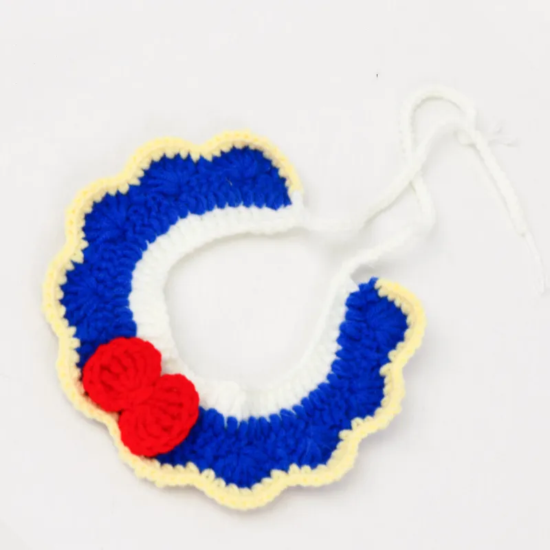 Hand-knitted Adjustable Flower Bow Cat And Dog Collar - Blue